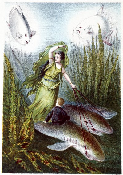 Une femme et un garçon fuyant des poissons géants sur des requins - dans « Voyage au fond de la mer » par H. de la Blanchère. Paris, éd. Jouvet et Cie, sd. 1880 - French School