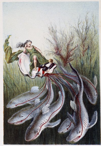 Une femme et un garçon sur un char tiré par des requins - dans « Voyage au fond de la mer » par H. de la Blanchère. Paris, éd. Jouvet et Cie, sd. 1880. (double 02946) - French School