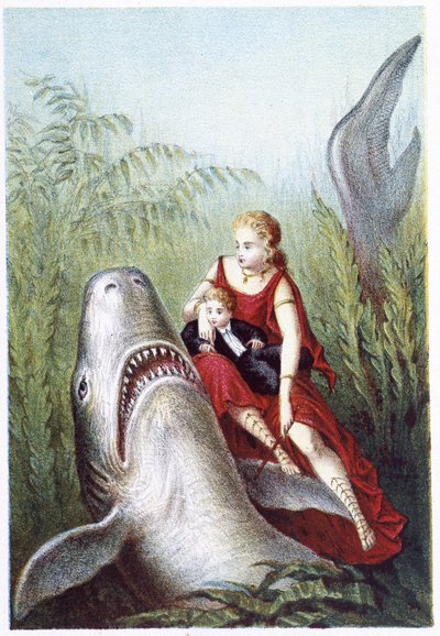 Une femme et un garçon chevauchant un requin - dans "Voyage au fond de la mer" par H. de la Blanchère. Paris, éd. Jouvet et Cie, sd. 1880 - French School