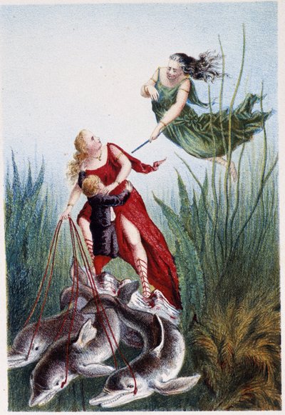 Une femme attaquant une autre femme et un garçon conduit par des dauphins - dans « Voyage au fond de la mer » par H. de la Blanchère. Paris, éd. Jouvet et Cie, sd. 1880. - French School