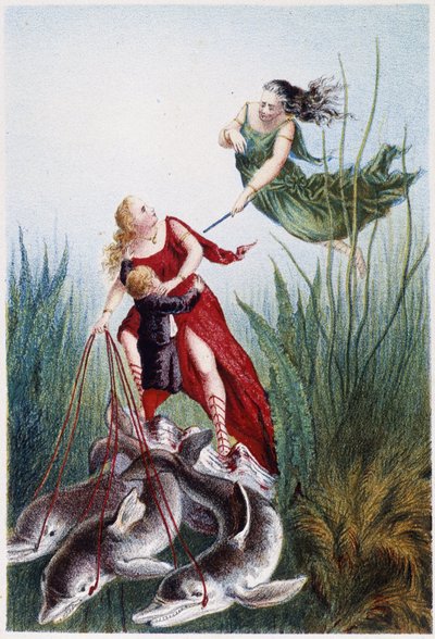 Une femme attaquant une autre femme et un garçon mené par des dauphins - dans « Voyage au fond de la mer » par H. de la Blanchère. Paris, éd. Jouvet et Cie, sd. 1880. (double 02947) - French School