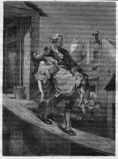 Une jeune fille est emmenée pour les plaisirs du roi Louis XV au Parc aux Cerfs. Gravure dans « L