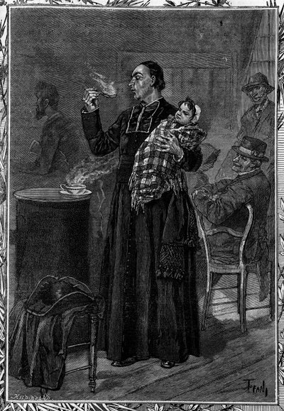 Abbé Marchal nourrit un orphelin recueilli dans un hôpital de la région de Chaumont. Gravure dans le journal illustre "La jeunesse" - French School