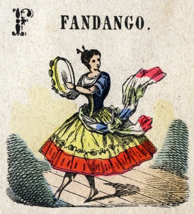Abécédaire. Lettre F comme Fandango. Petit alphabet encyclopédique, série populaire. Imagerie d