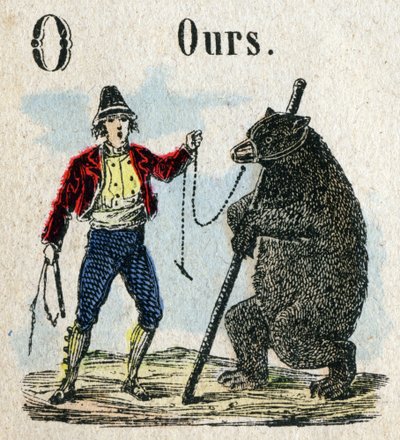 Abécédaire. Lettre O comme ours en montre. Petit alphabet encyclopédique, série populaire. Imagerie d