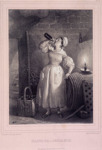 Abus de confiance (domestique buvant du vin dans la cave) - French School