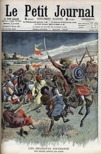 Chef abyssin en raid, Éthiopie, mars 1908 (les chrétiens abyssins combattent les musulmans somalis à la frontière Éthiopie-Somalie) tiré de « Le Petit Journal » (gravure) - French School