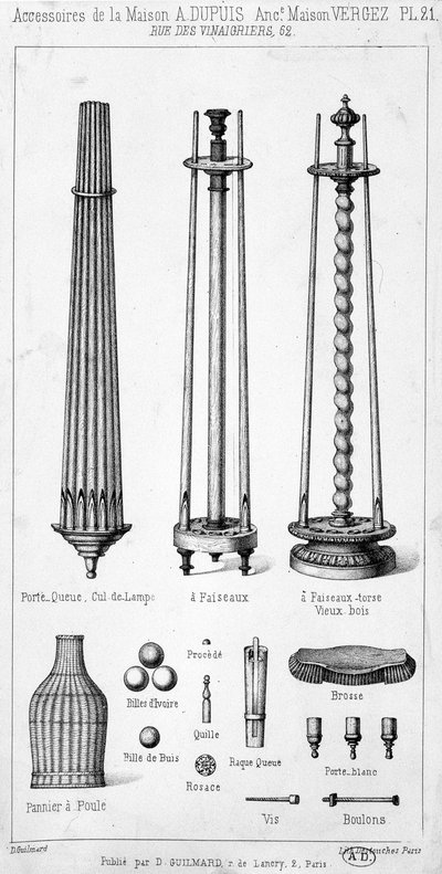 Accessoires de la maison A. Dupuis incluant des lampes, outils et jeux, présentés sous forme de catalogue. - French School