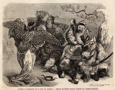 Acteurs et danseurs de la cour du Mikado en costume de scène. Gravure pour illustrer le voyage au Japon en 1863-1864, par Aimé Humbert, ministre de la Confédération suisse, dans « Le tour du monde, nouveau journal des voyages » - French School