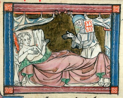 Add. 10293, f.107 Une femme au lit assistée par une nonne, illustration de 
