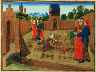Jardin clos avec une femme jardinant et d