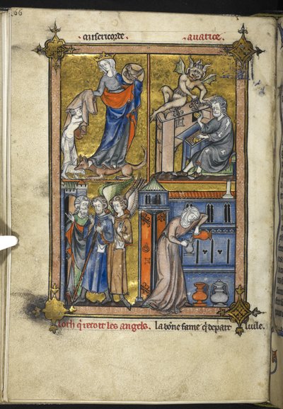 Add. 54180, f. 136v, Miniature avec des anges en habit de pèlerin, de 