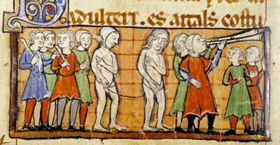 Adultère et sa punition : pris en flagrant délit, les adultères homme et femme marchent nus et liés par une corde dans les rues de la ville, précédés de deux joueurs de trompette et suivis d