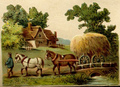 Chromolithographie publicitaire, représentant une scène rurale, deux chevaux menés par un fermier tirant une charrette de paille - French School