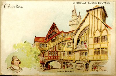 Chromolithographie publicitaire des chocolats Guérin Boutron, Le Vieux Paris, Rue des Remparts - French School