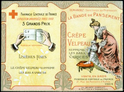 Carte publicitaire de "Le bandage Velpeau en crêpe enlève les bas variqueux". Sd. XIXe siècle - French School