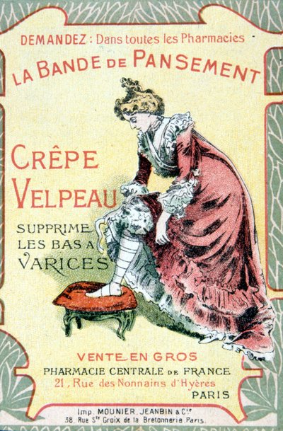 Carte publicitaire de « Le bandage Velpeau en crêpe enlève les bas varices ». Sd. XIXe siècle - French School