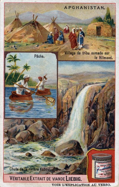 Carte publicitaire montrant un village de tribu nomade sur le Hilmend, des pêcheurs et la chute de la rivière Kaboul en Afghanistan. Chromolithographie du 19ème siècle - French School