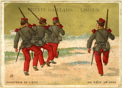 Publicité chromolithographique de Grevel-Gaillard, Lisieux, infanterie en ligne, un deux, un deux - French School