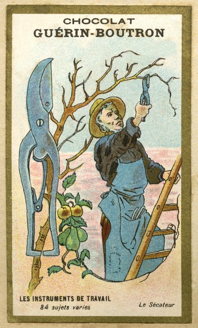 Chromolithographie publicitaire des chocolats Guerin Boutron, instruments de travail, 84 sujets variés, sécateurs - French School