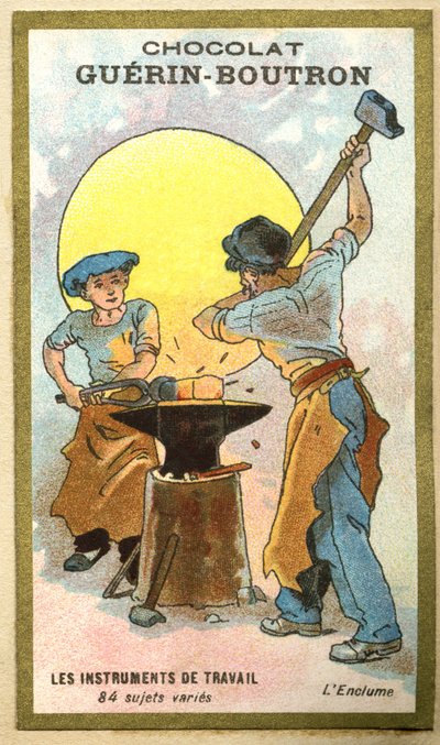 Chromolithographie publicitaire des chocolats Guerin Boutron, instruments de travail, 84 sujets variés, l