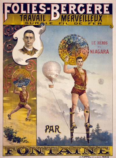 Publicité pour Folies-Bergère, Travail Merveilleux sur le Fil de Fer par Fontaine, pub. à Paris 1870-1890 - French School