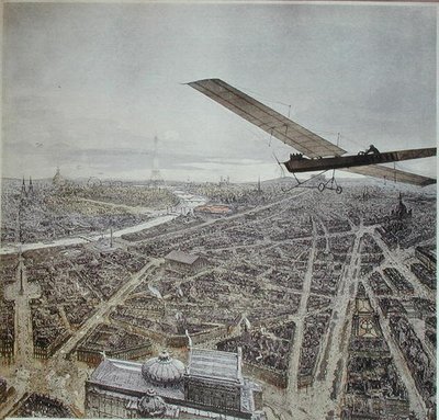 Avion survolant Paris, illustration pour un calendrier de 1911 - French School