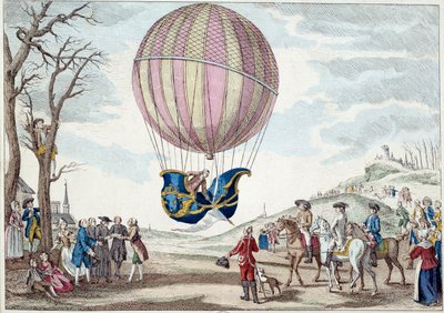 Aérostat : la deuxième tentative de vol en ballon. Ascension du ballon à gaz hydrogène de Charles et Robert sur la Prairie de Nesle, près de Paris le 01/12/1783. Anonyme, estampe du 18e siècle. Paris, arts décoratifs - French School