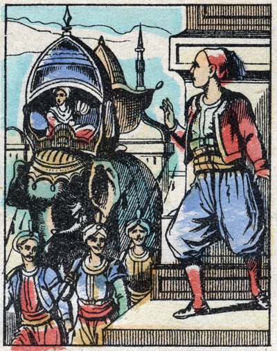 Aladin tombe amoureux de la fille du sultan. Gravure du conte des Mille et Une Nuits « Aladin et la Lampe Merveilleuse ». Imagerie d