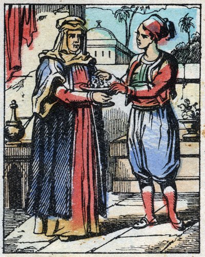 Aladin met des diamants somptueux dans une coupe en or et envoie sa mère les offrir au Sultan pour demander la main de sa fille. Gravure du conte des Mille et Une Nuits « Aladin et la Lampe Merveilleuse ». Imagerie d