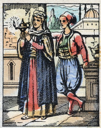 Aladin porte la lampe magique à sa mère. Gravure du conte des Mille et Une Nuits « Aladin et la Lampe merveilleuse ». Imagerie d