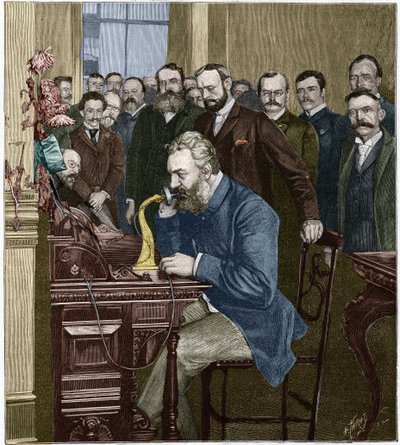 Alexander Graham Bell (1847-1922) inaugure la ligne longue distance New York-Chicago, le 18 octobre - French School