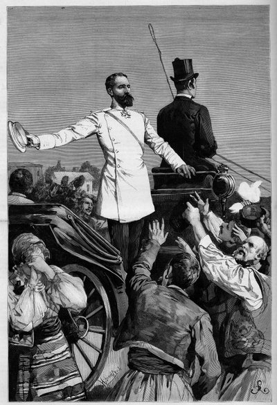Alexandre de Battenberg - Le prince Alexandre Ier après son abdication acclamé par le peuple en quittant Sofia. Gravure dans « Le Monde Illustré » - French School