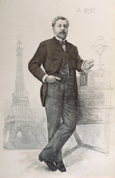 Alexandre Gustave Eiffel posant à son bureau avec un dessin de la Tour Eiffel, illustration de La Revue Illustrée, 1888 - French School