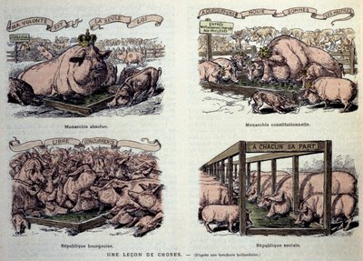 Allégories des différents types de gouvernement : la monarchie absolue, représentant un cochon bien nourri et des couronnes « ma volonté est la seule loi », de la monarchie constitutionnelle représentant un petit groupe de cochons privilégiés pour manger l - French School