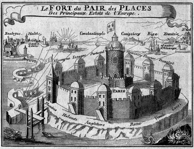 Allégorie des relations entre les principales villes commerçantes du monde : Paris est une forteresse protégée par des remparts, chacun représentant un pays ou une capitale d