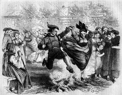 Coutume alsacienne : le feu de la Saint-Jean. Un homme et une femme sautent par-dessus un feu de bois. Gravure dans "Le Magasin Pittoresque". - French School