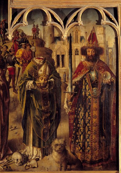 Retable du Parlement de Paris : détail de la partie droite représentant le martyr chrétien Saint Denis de Paris (3ème siècle) décapité tenant sa tête dans ses mains, à côté de lui l
