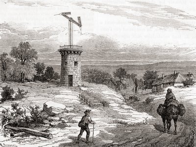 Un poteau de télégraphe aérien au 18ème siècle, des Merveilles de la Science, publié vers 1870 (gravure) - French School