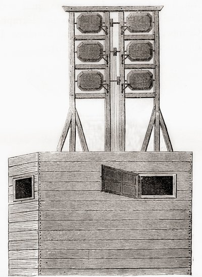 Un système de télégraphe aérien utilisé en Angleterre au 18ème siècle, des Merveilles de la Science, publié vers 1870 (gravure) - French School