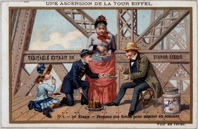 Une ascension de la Tour Eiffel : on prend des forces au 1er étage - chromo. Liébig, déb. 20e siècle - French School