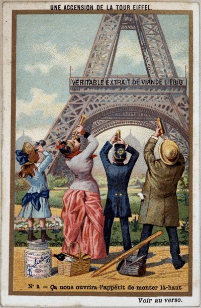 Une ascension de la Tour Eiffel : on peut voir la hauteur de la tour à la longue vue - chromo. Liebig, début 20e siècle - French School