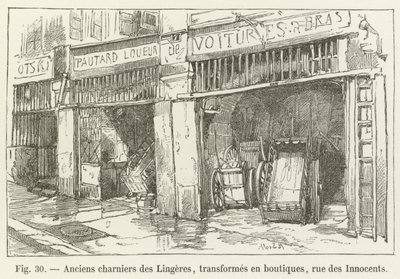 Anciens charniers des Lingères, transformés en boutiques, rue des Innocents - French School