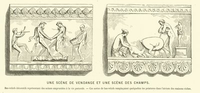 Bas-reliefs romains antiques représentant une récolte de raisin et une scène dans les champs (gravure) - French School