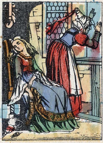 Illustration anonyme pour "La Belle au bois dormant", conte de Charles Perrault (1628-1703), écrivain français. Gravure sur bois de l