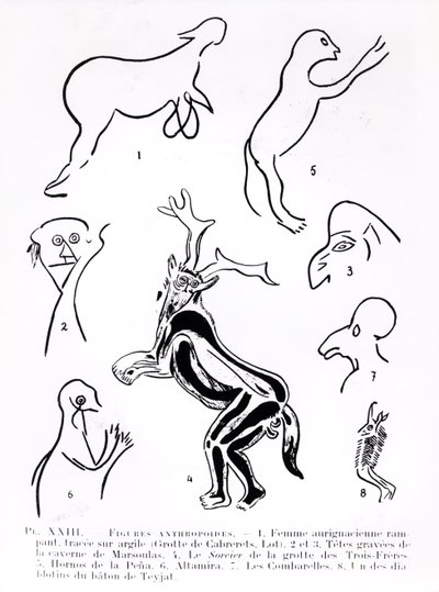 Figures anthropoïdes dans des grottes préhistoriques, de Les Artistes Préhistoriques par Morin-Jean, 1933 - French School