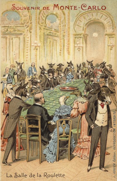 Illustration anthropomorphique des folies du Casino de Monte-Carlo (lithographie couleur) - French School