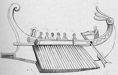 Galère antique avec trois rangées de rames. Gravure dans "La Marine et les colonies : commerce" - French School