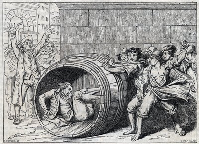 Persécution antisémite au 17e siècle : un juif roule dans un tonneau par les habitants de Rome. Illustration de « Meo Patacca », poème de Giuseppe Berneri (1637-1700). Gravure de Bocourt. - French School