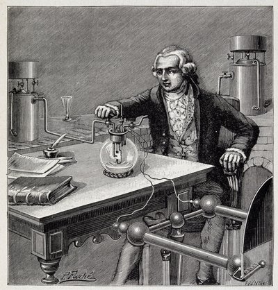 Antoine Laurent de Lavoisier (1743-1794) menant une expérience - dans « Physique populaire » par Émile Desbeaux - French School